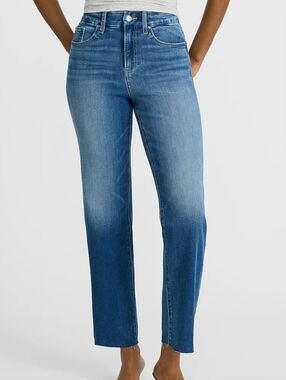 Express Straight Ankle High Rise Raw Hem Jeans Medium Wash Blue Sz 10 Long